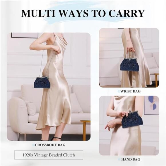 Women's Embroidered Beaded Sequin Evening Clutch Large Wedding Party Purse - Picture 2 of 7